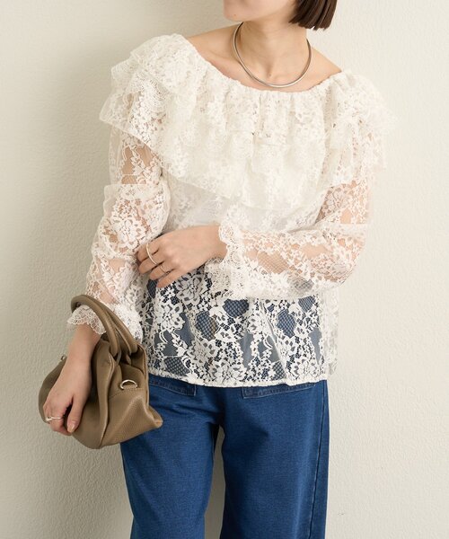 Omekashi（オメカシ）の「レースラッフルブラウス（シャツ/ブラウス・レディース・オフホワイト/ブラック・FREE）」の4枚目の写真