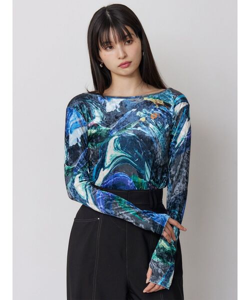 MURUA(ムルーア)の「ニュアンスプリントベロアトップス(Tシャツ/カットソー・レディース・ブラック/アイボリー・FREE)」の8枚目の写真