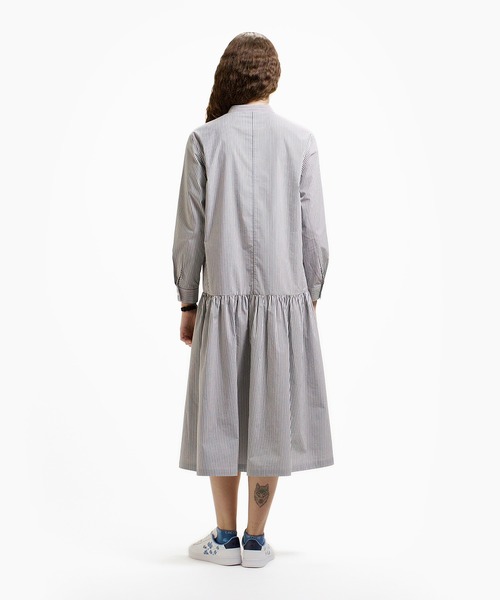 バンドカラーロングシャツドレス / ストライプシャツワンピース