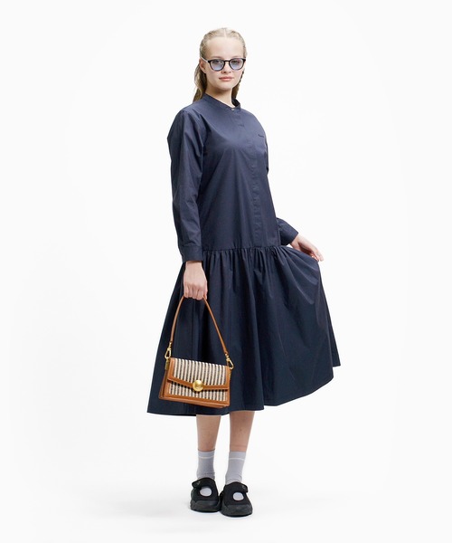 バンドカラーロングシャツドレス / ストライプシャツワンピース