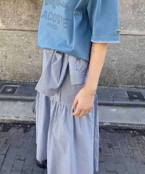 LACOSTE（ラコステ）の「バンドカラーロングシャツドレス / ストライプシャツワンピース（シャツワンピース・レディース・ネイビー/ホワイト・40/38/36/34）」の9枚目の写真
