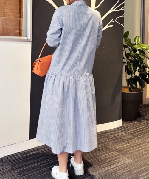 バンドカラーロングシャツドレス / ストライプシャツワンピース