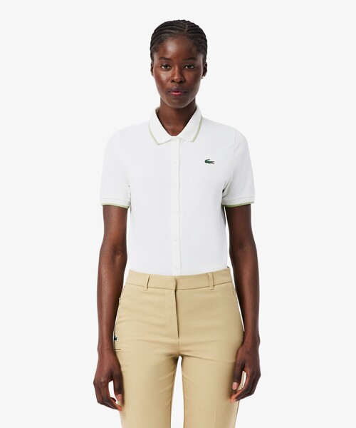 LACOSTE(ラコステ)の「UVカット サーモレギュレーション鹿の子地ゴルフシャツ(ポロシャツ・レディース・ホワイト/アクア/ネイビー・36/38/34)」の1枚目の写真
