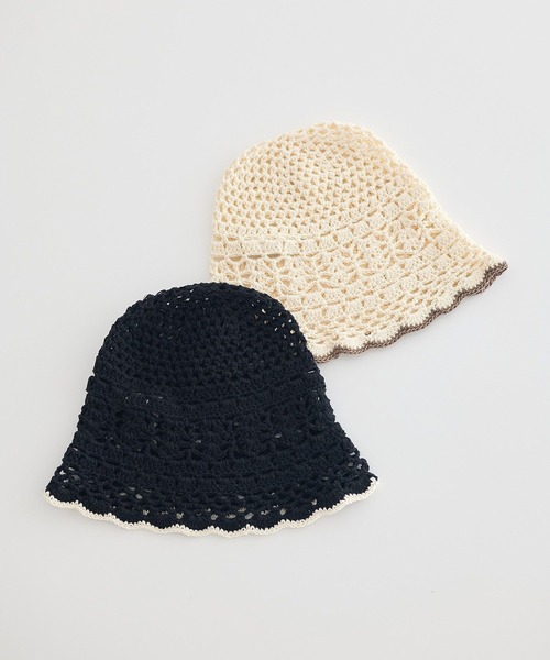 earth music&ecology（アースミュージックアンドエコロジー）の「クロッシェハット（ハット・レディース・ブラック/アイボリー・FREE）」の4枚目の写真