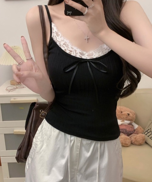 SHEPP(シープ)の「フロントリボン レーストリミング リブキャミソール(キャミソール・レディース・ホワイト/グレー/ブラック/サックスブルー・F)」の2枚目の写真