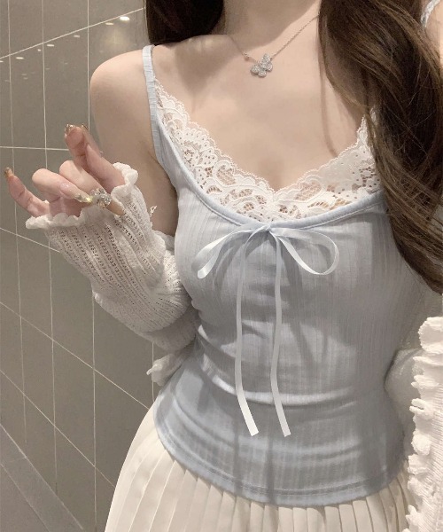 SHEPP(シープ)の「フロントリボン レーストリミング リブキャミソール(キャミソール・レディース・ホワイト/グレー/ブラック/サックスブルー・F)」の19枚目の写真
