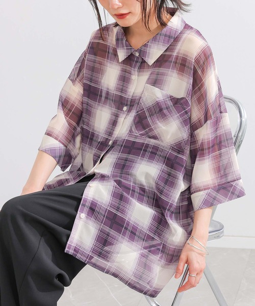 n'OrLABEL(ノアールレーベル)の「『オンブレチェックシアーシャツ』(シャツ/ブラウス・レディース・パープル/ブラック・FREE)」の1枚目の写真
