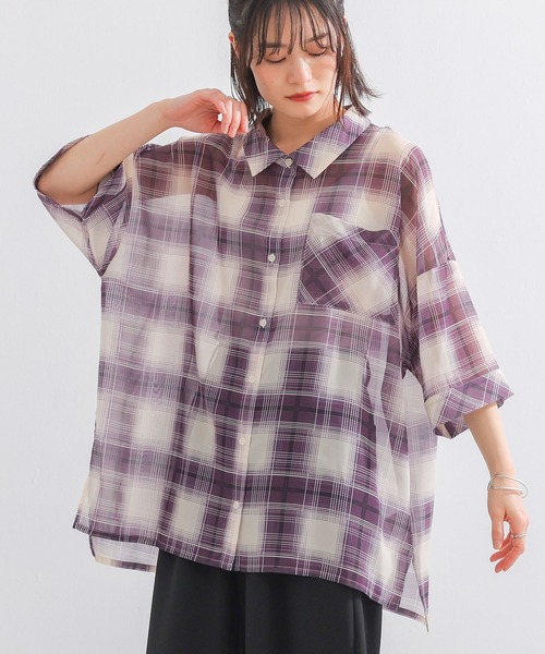 n'OrLABEL(ノアールレーベル)の「『オンブレチェックシアーシャツ』(シャツ/ブラウス・レディース・パープル/ブラック・FREE)」の4枚目の写真