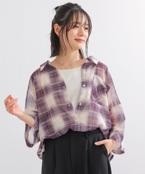 n'OrLABEL(ノアールレーベル)の「『オンブレチェックシアーシャツ』(シャツ/ブラウス・レディース・パープル/ブラック・FREE)」の9枚目の写真