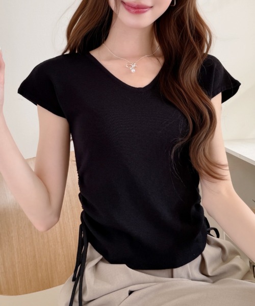 Ada.(エイダ)の「サイドドロスト Vネック フレンチスリーブ カットソー ◎(Tシャツ/カットソー・レディース・ブラック/ホワイト×ブラック/ホワイト・FREE)」の8枚目の写真