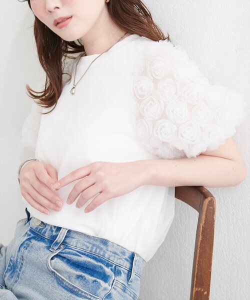 natural couture（ナチュラルクチュール）の「フラワーレースパフスリーブT（Tシャツ/カットソー・レディース・オフホワイト/ブラック・FREE）」の14枚目の写真