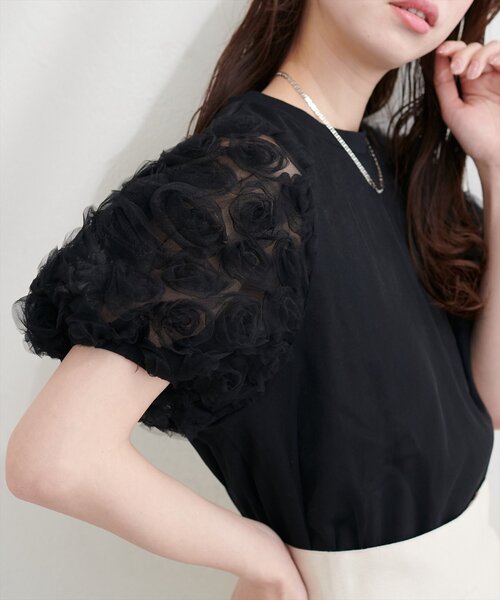 natural couture（ナチュラルクチュール）の「フラワーレースパフスリーブT（Tシャツ/カットソー・レディース・オフホワイト/ブラック・FREE）」の9枚目の写真