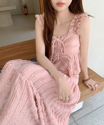at12:03（アットイチニーゼロサン）の「カップ付き レース フリル リボン 上下2点セット セットアップ ロング ワンピース（ワンピース）」