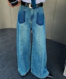 配色デザイン ハイウエスト ワイドデニムパンツ