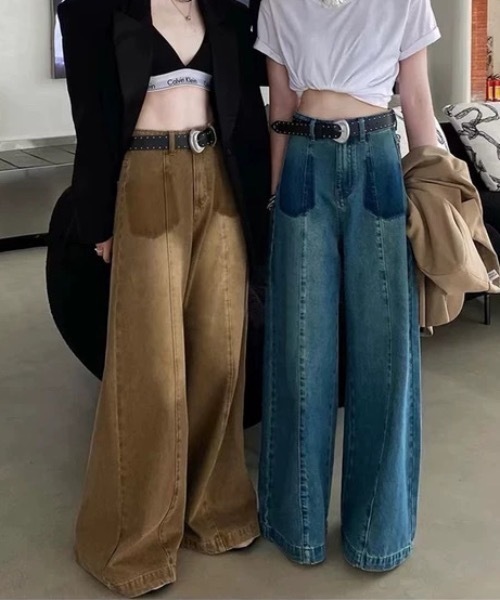 FUNdaysion(ファンデイション)の「配色デザイン ハイウエスト ワイドデニムパンツ(デニムパンツ・レディース・ブラウン/ブルー・L/M/S)」の4枚目の写真