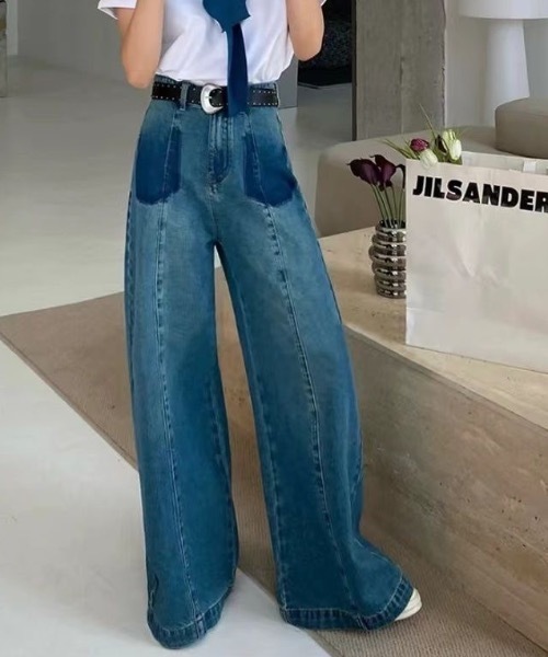 FUNdaysion(ファンデイション)の「配色デザイン ハイウエスト ワイドデニムパンツ(デニムパンツ・レディース・ブラウン/ブルー・L/M/S)」の8枚目の写真