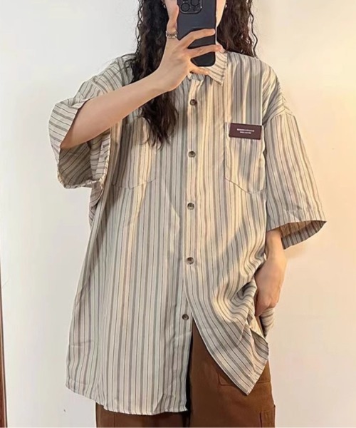 link lot(リンクロット)の「胸元ピスネーム半袖ストライプシャツ(シャツ/ブラウス・メンズ・ベージュ/グリーン・L/M)」の7枚目の写真