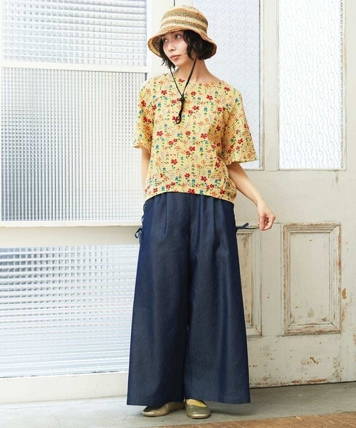 Jocomomola（ホコモモラ）の「Flor デニム 刺繍入りレースアップワイドパンツ（デニムパンツ・レディース・ネイビー/ブルー・42/40）」の11枚目の写真