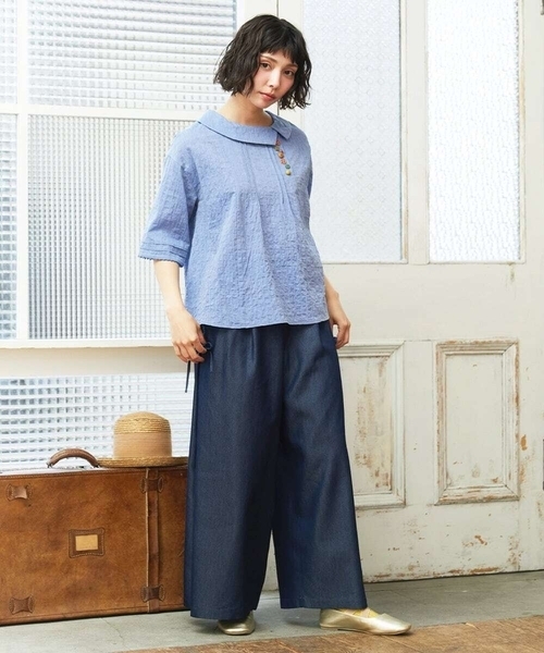 Jocomomola（ホコモモラ）の「Flor デニム 刺繍入りレースアップワイドパンツ（デニムパンツ・レディース・ネイビー/ブルー・42/40）」の12枚目の写真