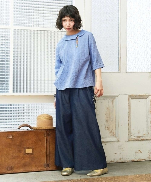 Jocomomola（ホコモモラ）の「Flor デニム 刺繍入りレースアップワイドパンツ（デニムパンツ・レディース・ネイビー/ブルー・42/40）」の13枚目の写真