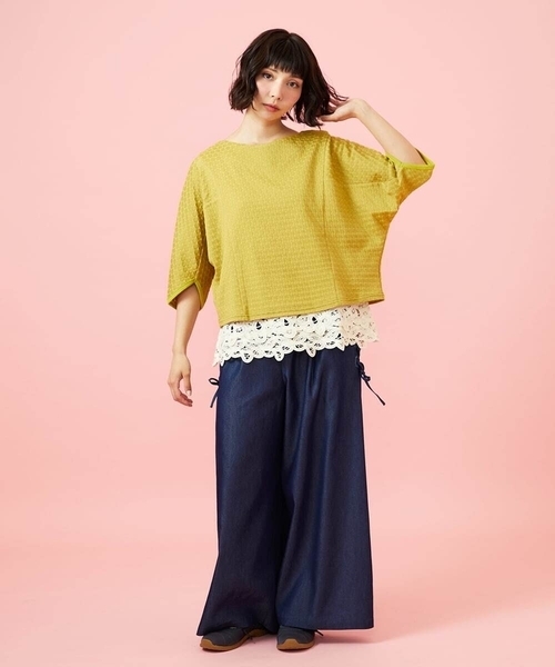 Jocomomola（ホコモモラ）の「Flor デニム 刺繍入りレースアップワイドパンツ（デニムパンツ・レディース・ネイビー/ブルー・42/40）」の14枚目の写真