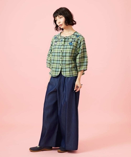 Jocomomola（ホコモモラ）の「Flor デニム 刺繍入りレースアップワイドパンツ（デニムパンツ・レディース・ネイビー/ブルー・42/40）」の16枚目の写真
