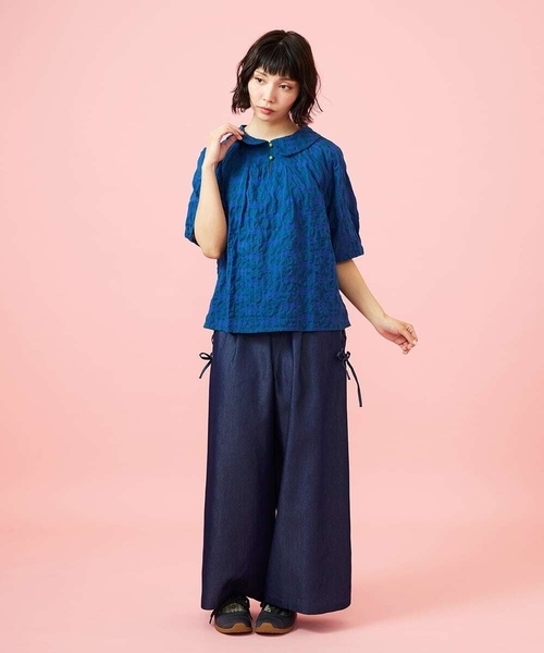 Jocomomola（ホコモモラ）の「Flor デニム 刺繍入りレースアップワイドパンツ（デニムパンツ・レディース・ネイビー/ブルー・42/40）」の17枚目の写真