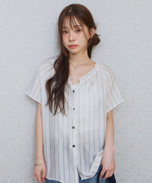 ke207. Frill Stripe Shirring Blouse Ivory