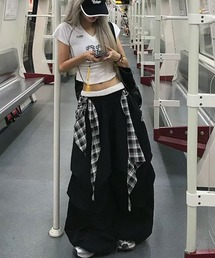 ワイドシルエットシャカパン チェック柄ベルト付き