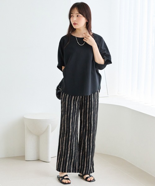 LAVEANGE(ラビアンジェ)の「【洗える】ニュアンスストライプイージーワイドパンツ|さらっと穿ける大人のリラックスパンツ/美脚/ウエストゴム/ポケット付(その他パンツ・レディース・ブラウン/ブラック・LL/3L/4L/M)」の10枚目の写真