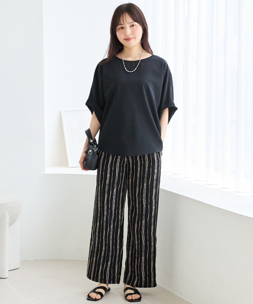 LAVEANGE(ラビアンジェ)の「【洗える】ニュアンスストライプイージーワイドパンツ|さらっと穿ける大人のリラックスパンツ/美脚/ウエストゴム/ポケット付(その他パンツ・レディース・ブラウン/ブラック・LL/3L/4L/M)」の12枚目の写真