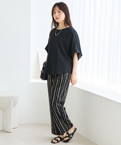 LAVEANGE(ラビアンジェ)の「【洗える】ニュアンスストライプイージーワイドパンツ|さらっと穿ける大人のリラックスパンツ/美脚/ウエストゴム/ポケット付(その他パンツ・レディース・ブラウン/ブラック・LL/3L/4L/M)」の14枚目の写真