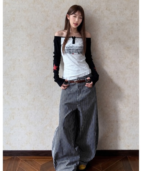 inst.ALL(インストール)の「ヒッコリーストライプデニムワイドパンツ(デニムパンツ・レディース・ブラック×ホワイト・S/M)」の3枚目の写真
