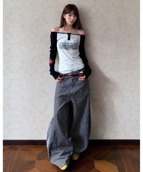 inst.ALL(インストール)の「ヒッコリーストライプデニムワイドパンツ(デニムパンツ・レディース・ブラック×ホワイト・S/M)」の4枚目の写真