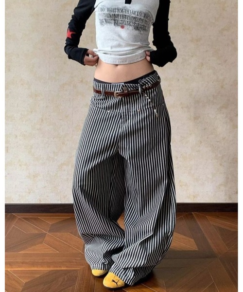 inst.ALL(インストール)の「ヒッコリーストライプデニムワイドパンツ(デニムパンツ・レディース・ブラック×ホワイト・S/M)」の5枚目の写真