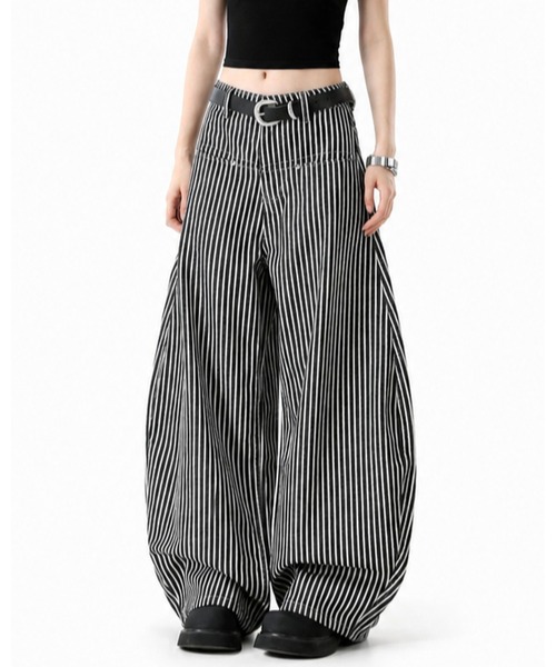 inst.ALL(インストール)の「ヒッコリーストライプデニムワイドパンツ(デニムパンツ・レディース・ブラック×ホワイト・S/M)」の9枚目の写真