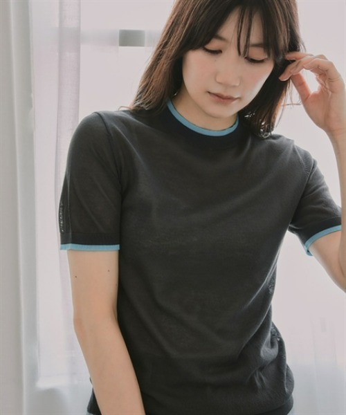slattgir(スラットジール)の「高身長 配色シアー半袖ニット(トールサイズ)Essenave(ニット/セーター・レディース・ブラウン/チャコールグレー・TM/TL/TLL/T3L)」の8枚目の写真