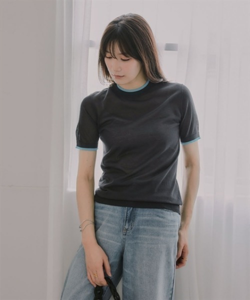slattgir(スラットジール)の「高身長 配色シアー半袖ニット(トールサイズ)Essenave(ニット/セーター・レディース・ブラウン/チャコールグレー・TM/TL/TLL/T3L)」の9枚目の写真