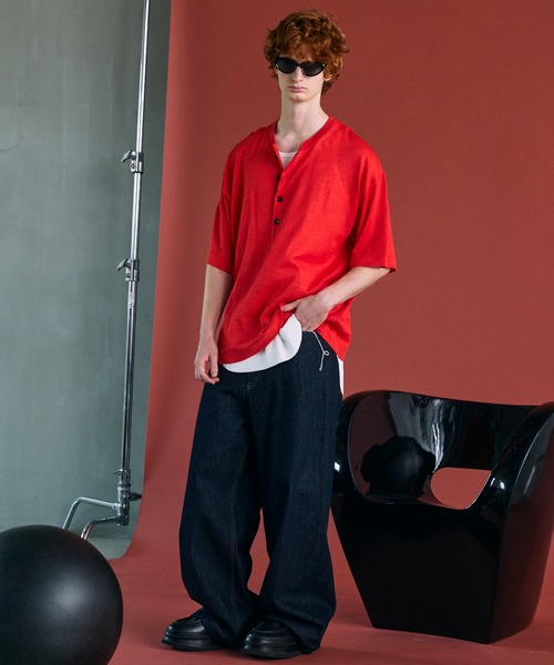 MAISON SPECIAL（メゾンスペシャル）の「《UNISEX》Ramie-SOLOTEX Prime-Over Henry Neck Short Sleeve Knit T-shirt/ラミーソロテックスプライムオーバーヘンリーネックショートスリーブニットTシャツ【MAISON SPECIAL/メゾンスペシャル】（Tシャツ/カットソー・メンズ・レッド/サックスブルー/ブラック・0/1/2）」の18枚目の写真