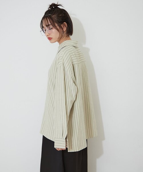 Remind me and forever（リマインドミーアンドフォーエバー）の「【リッチ質感】洗練ストライプ オーバーサイズシャツ（シャツ/ブラウス・レディース・カーキ/ベージュ/チャコールグレー・FREE）」の12枚目の写真