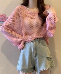かぎ針風 メッシュニット トップス シースルー ショート丈 ボリューム袖 透け感 クルーネック