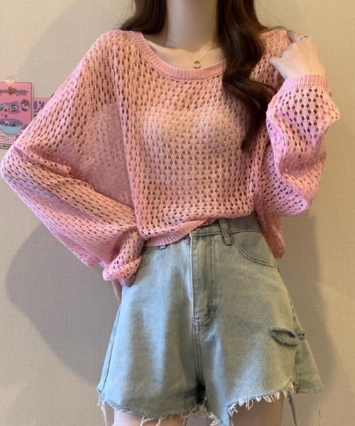 Beststore（ベストストア）の「かぎ針風 メッシュニット トップス シースルー ショート丈 ボリューム袖 透け感 クルーネック（ニット/セーター・レディース・ホワイト/ブルー/イエロー/ブラック/ピンク/アイボリー・FREE）」の6枚目の写真