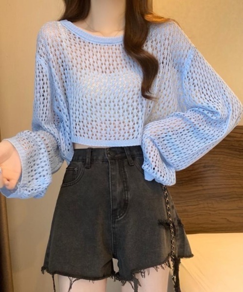 Beststore（ベストストア）の「かぎ針風 メッシュニット トップス シースルー ショート丈 ボリューム袖 透け感 クルーネック（ニット/セーター・レディース・ホワイト/ブルー/イエロー/ブラック/ピンク/アイボリー・FREE）」の5枚目の写真