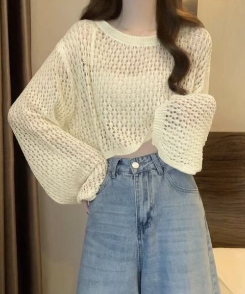 Beststore（ベストストア）の「かぎ針風 メッシュニット トップス シースルー ショート丈 ボリューム袖 透け感 クルーネック（ニット/セーター・レディース・ホワイト/ブルー/イエロー/ブラック/ピンク/アイボリー・FREE）」の3枚目の写真
