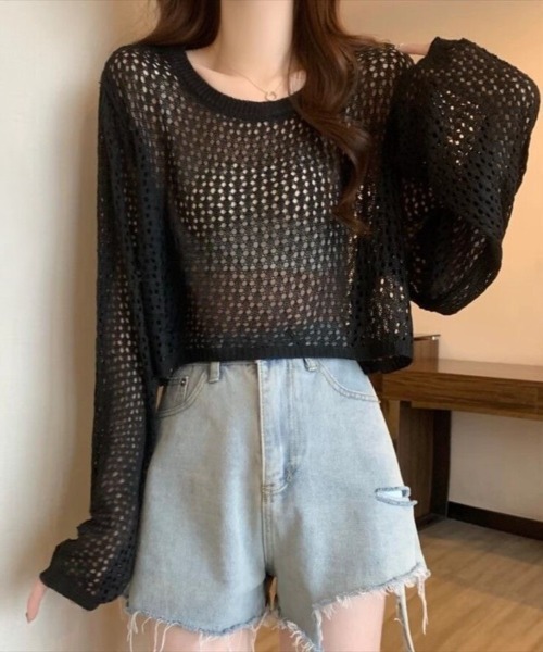 Beststore（ベストストア）の「かぎ針風 メッシュニット トップス シースルー ショート丈 ボリューム袖 透け感 クルーネック（ニット/セーター・レディース・ホワイト/ブルー/イエロー/ブラック/ピンク/アイボリー・FREE）」の8枚目の写真