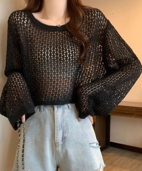 Beststore（ベストストア）の「かぎ針風 メッシュニット トップス シースルー ショート丈 ボリューム袖 透け感 クルーネック（ニット/セーター・レディース・ホワイト/ブルー/イエロー/ブラック/ピンク/アイボリー・FREE）」の9枚目の写真