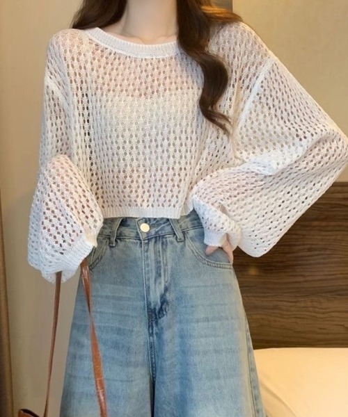 Beststore（ベストストア）の「かぎ針風 メッシュニット トップス シースルー ショート丈 ボリューム袖 透け感 クルーネック（ニット/セーター・レディース・ホワイト/ブルー/イエロー/ブラック/ピンク/アイボリー・FREE）」の10枚目の写真