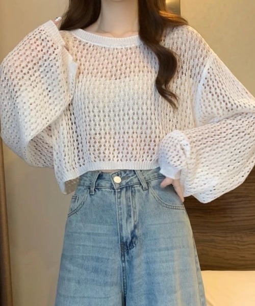Beststore（ベストストア）の「かぎ針風 メッシュニット トップス シースルー ショート丈 ボリューム袖 透け感 クルーネック（ニット/セーター・レディース・ホワイト/ブルー/イエロー/ブラック/ピンク/アイボリー・FREE）」の11枚目の写真