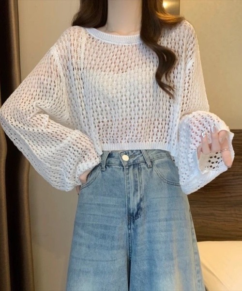 Beststore（ベストストア）の「かぎ針風 メッシュニット トップス シースルー ショート丈 ボリューム袖 透け感 クルーネック（ニット/セーター・レディース・ホワイト/ブルー/イエロー/ブラック/ピンク/アイボリー・FREE）」の12枚目の写真