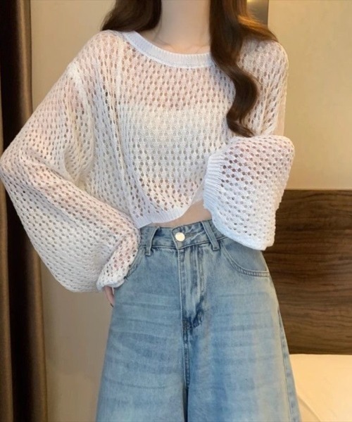 Beststore（ベストストア）の「かぎ針風 メッシュニット トップス シースルー ショート丈 ボリューム袖 透け感 クルーネック（ニット/セーター・レディース・ホワイト/ブルー/イエロー/ブラック/ピンク/アイボリー・FREE）」の13枚目の写真